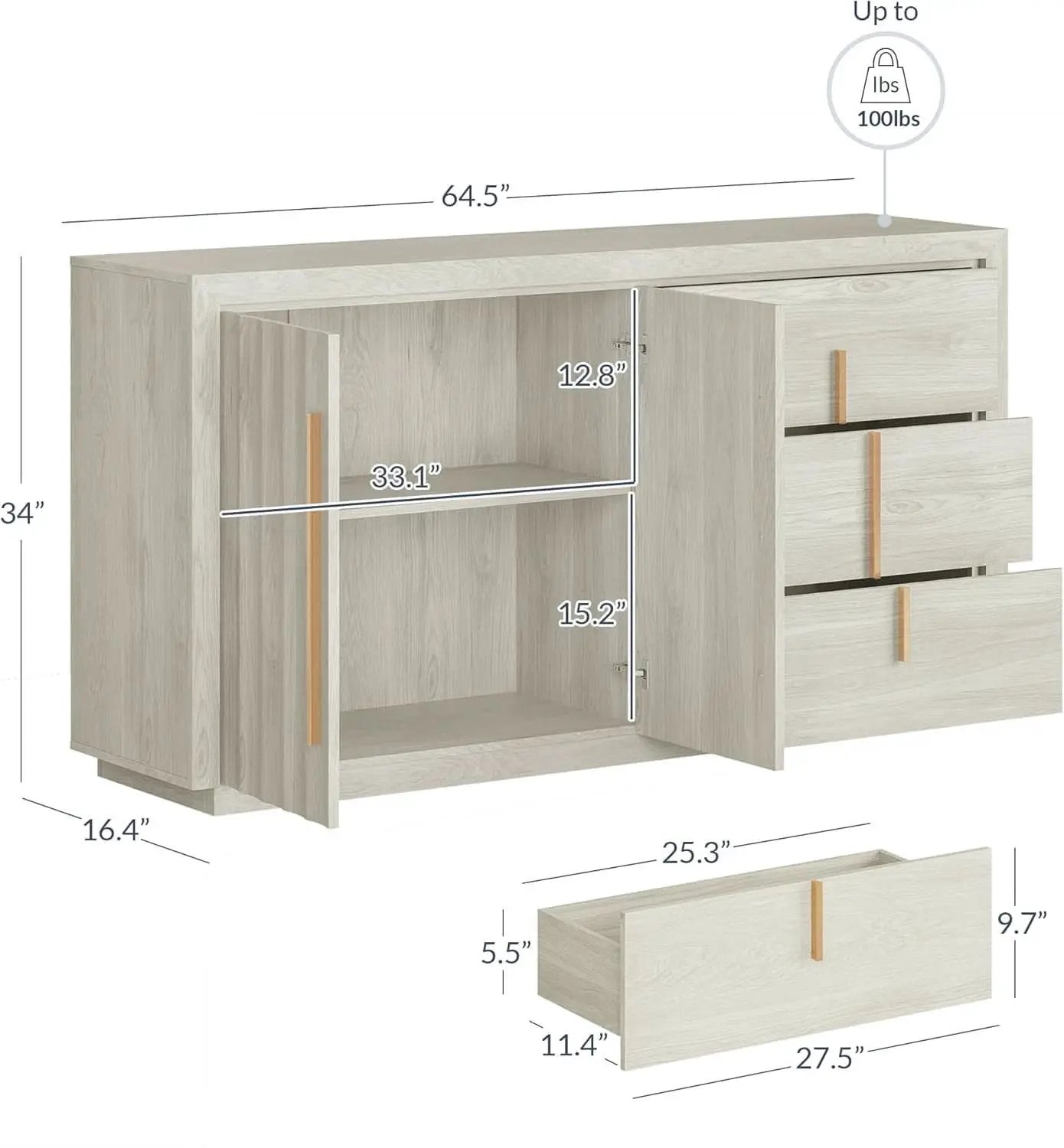 64 Inch Modern Industrial Sideboard Cabinet White Sand from PriceLows™