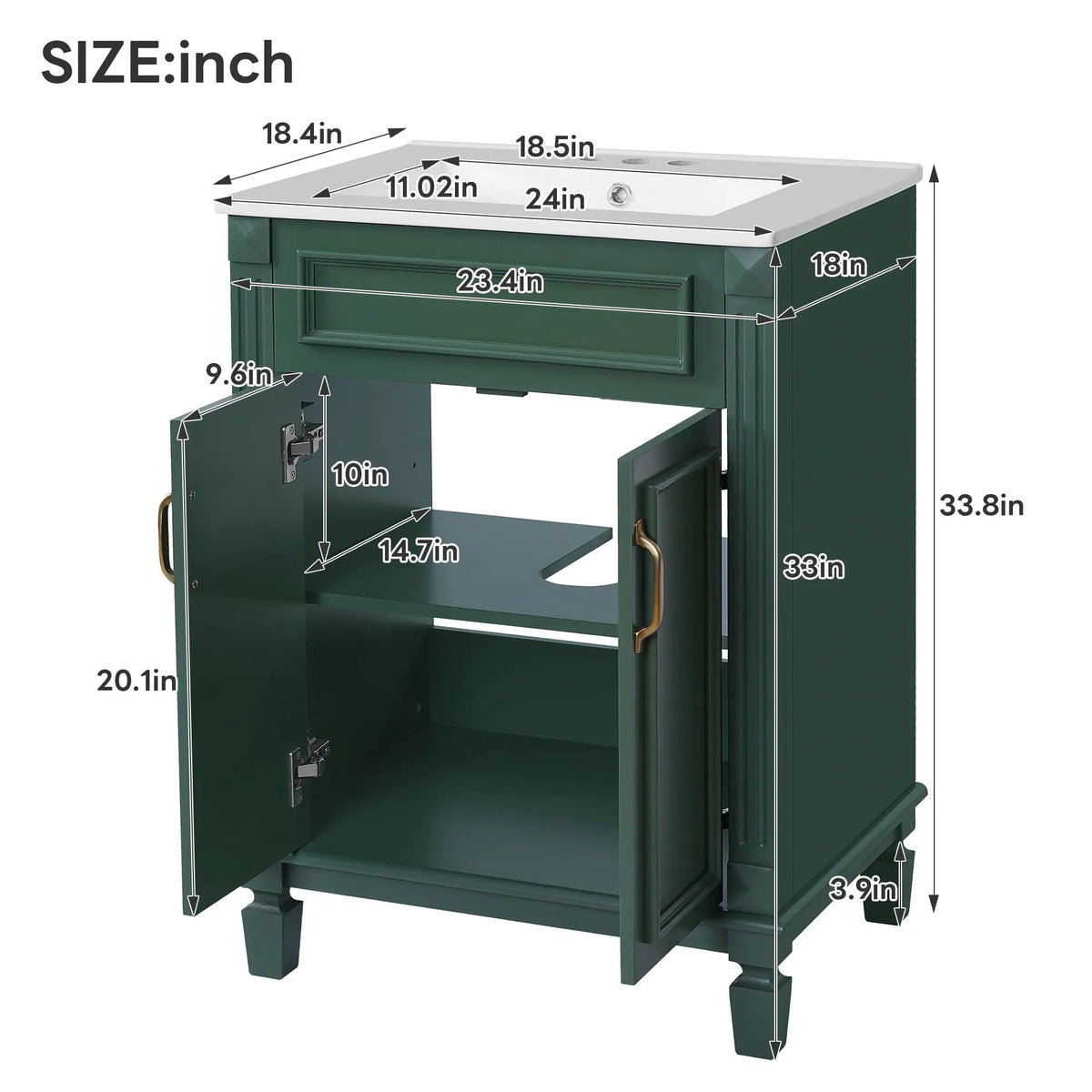 24 Inch Bathroom Vanity With Top Sink | Rubberwood Frame | 2 Soft Closing Doors | Glossy Ceramic Basin