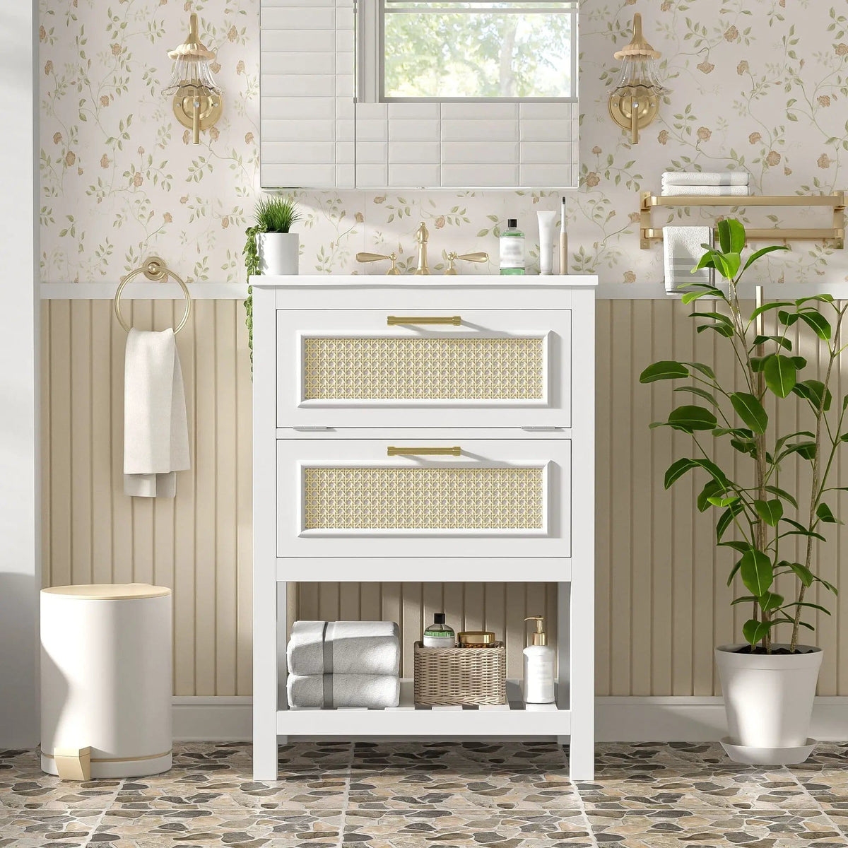 Modern Bathroom Vanity With Integrated Sink, Cabinet With 1 Deep Drawer And 1 | 2 Pieces | Solid Wood & Rattan | Bathroom