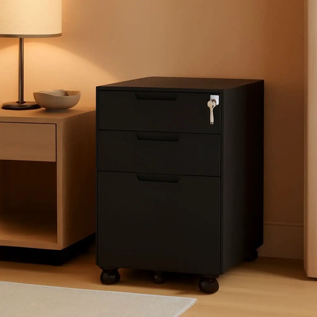 3 Drawer Mobile File Cabinet With Lock In Black Metal Under Desk Organizer For Letters Legal A4 from PriceLows™
