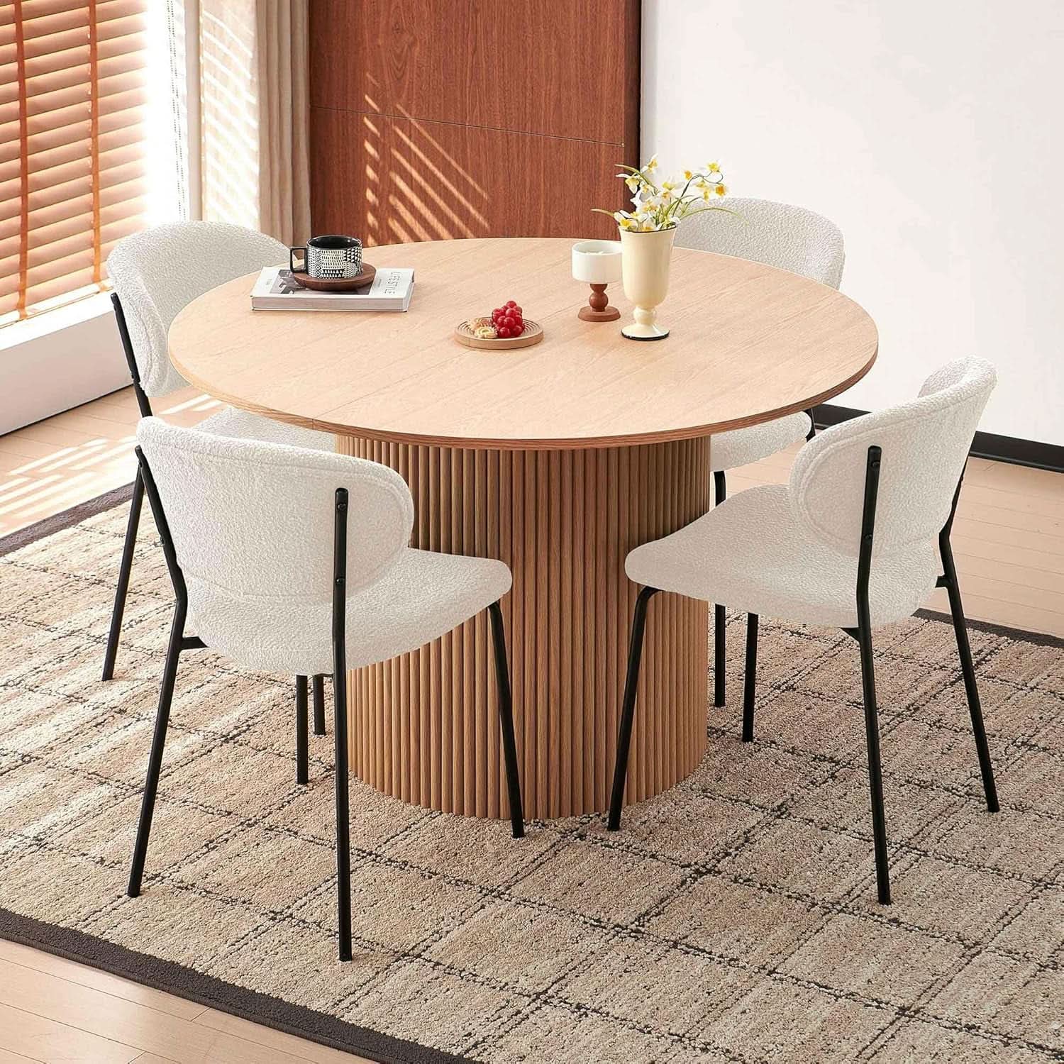 47 Inch Round Dining Table Set Beige Oak Boucle Padded Seating from PriceLows™