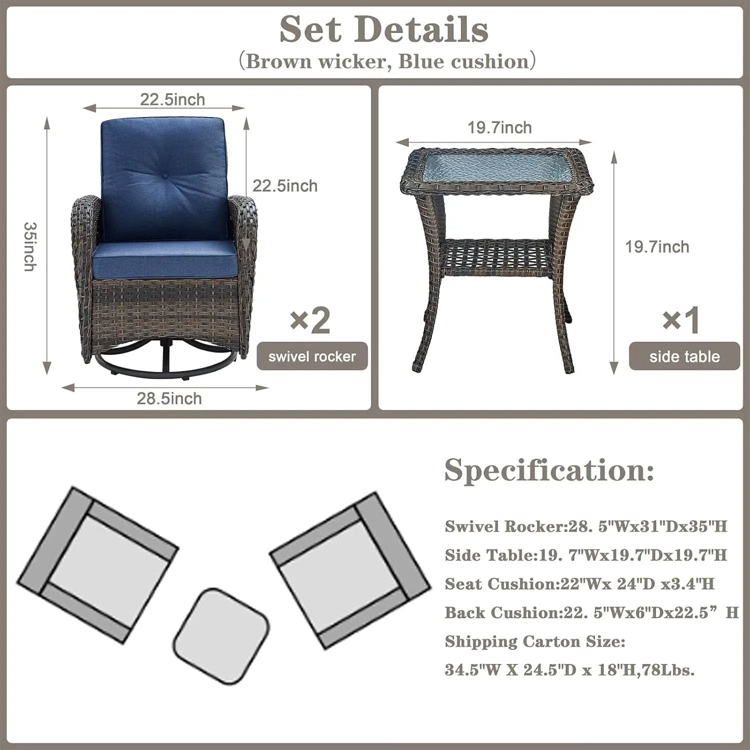 Patio Wicker Swivel Rocker Chairs Set Of 2 With Glass Top Side Table Brown Blue from PriceLows™