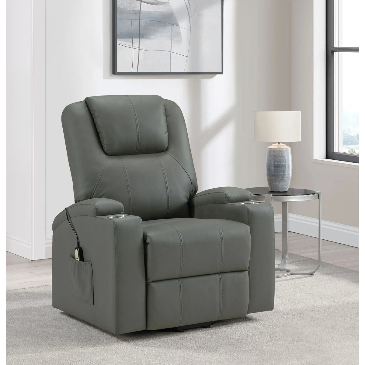 Macklin Power Lift Massage Recliner | Heat And Massage | Dual Cupholders | Smooth Upholstery