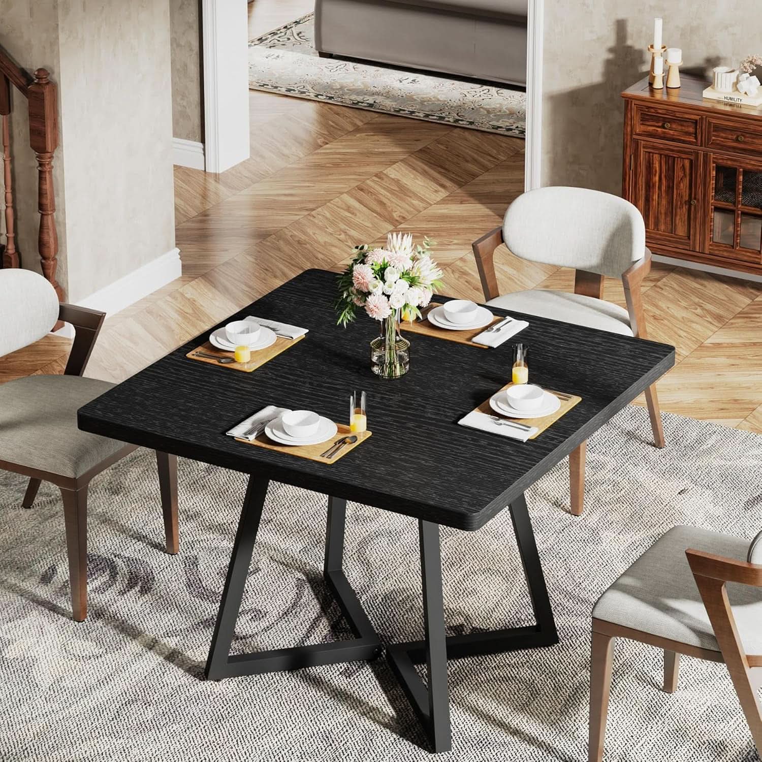 Square 31.5 Inch Industrial Dining Table Black Wood Panels from PriceLows™