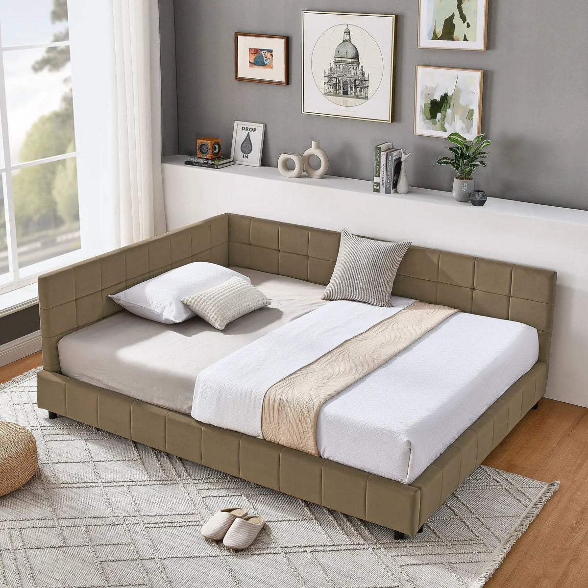 Upholstered Storage Bed Frame | Tufted Backrest And Armrests | Mid-Century Style | Bed Or Sofa Use