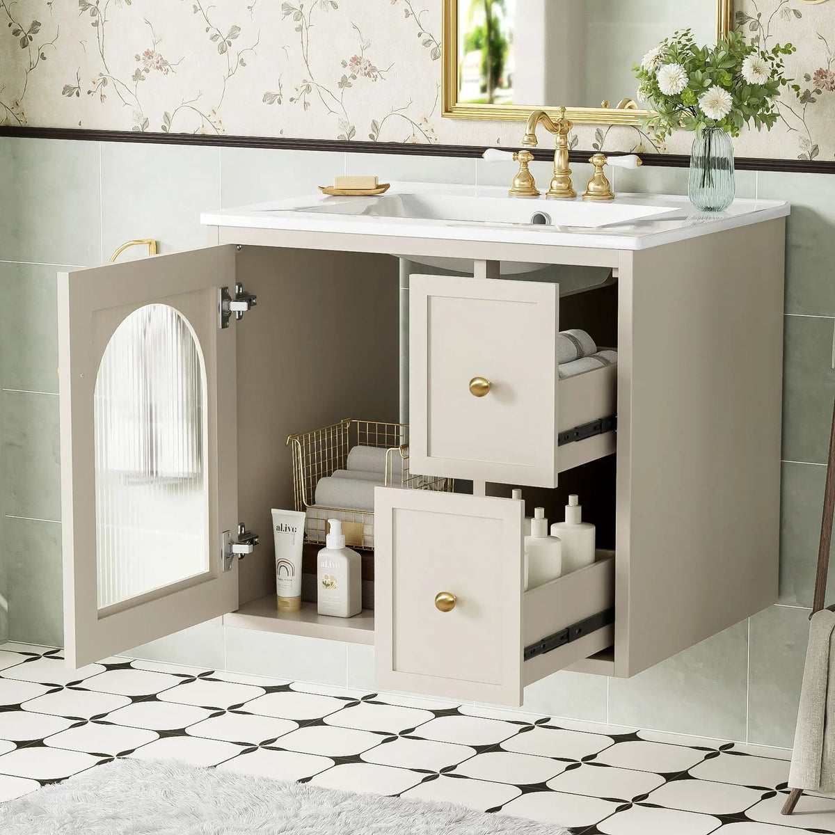 Wall-Mounted Bathroom Vanity Set | Sink Included | 2 Drawers | Soft-Close Glass Door Cabinet