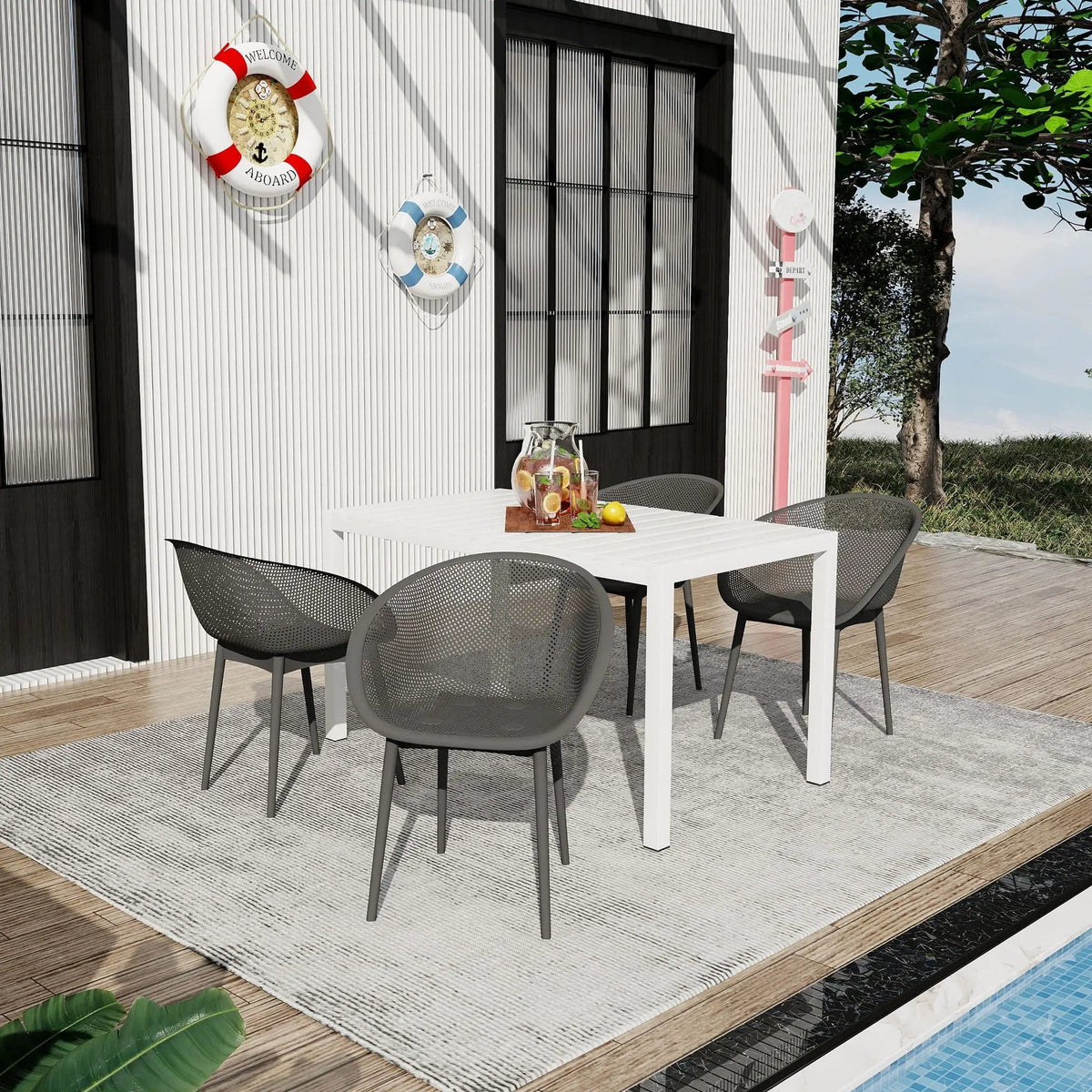 4 Pack Lounge Chair Set With Long Table | 5 Piece Outdoor Set | Metal | Dining Room