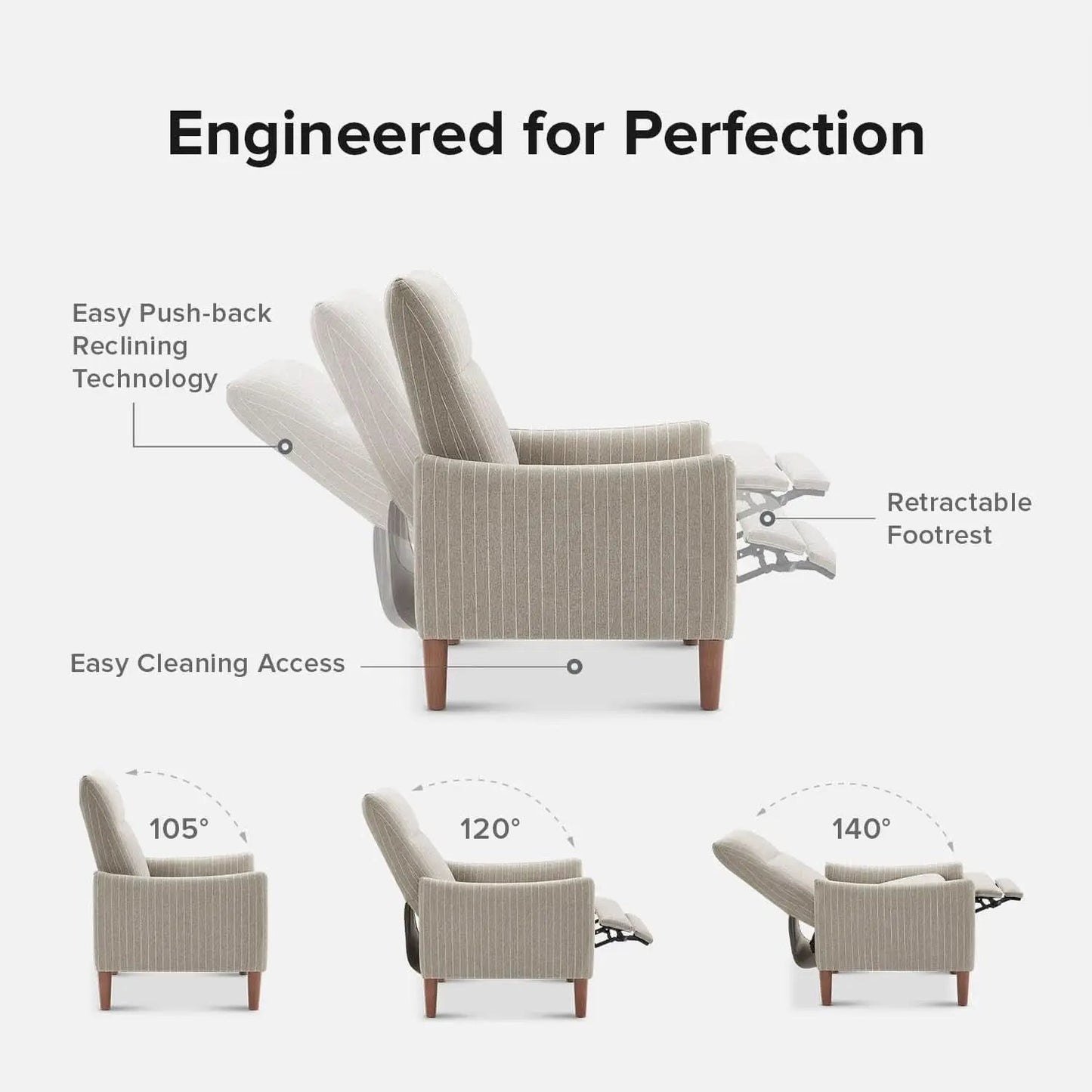 Arthur Mid Century Recliner Chair With 3 Positions Taupe Stripe Jacquard from PriceLows™