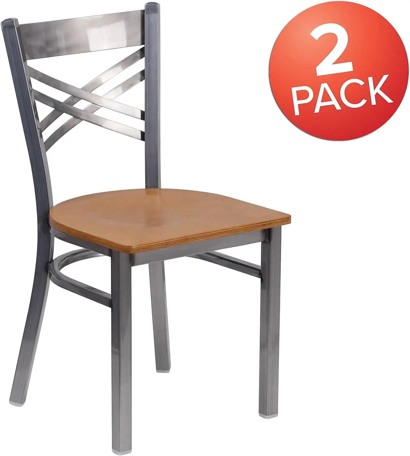 HERCULES Series Clear Coated X Back Metal Restaurant Chair 2 Pack Natural Wood Seat from PriceLows™