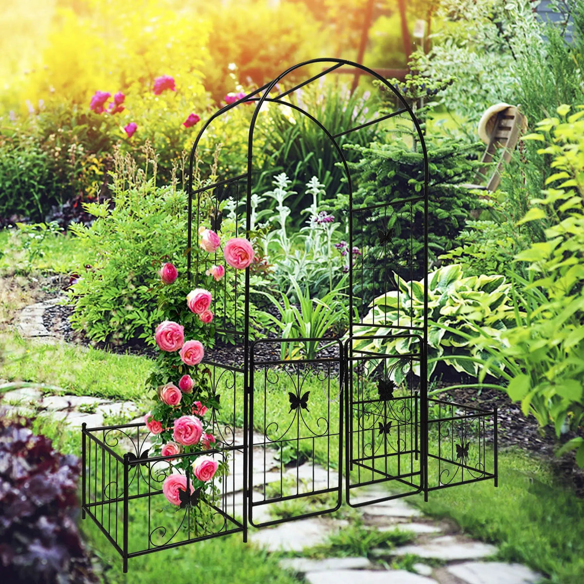 Metal Garden Arch With Gate | Black | Double Gate | Side Planters