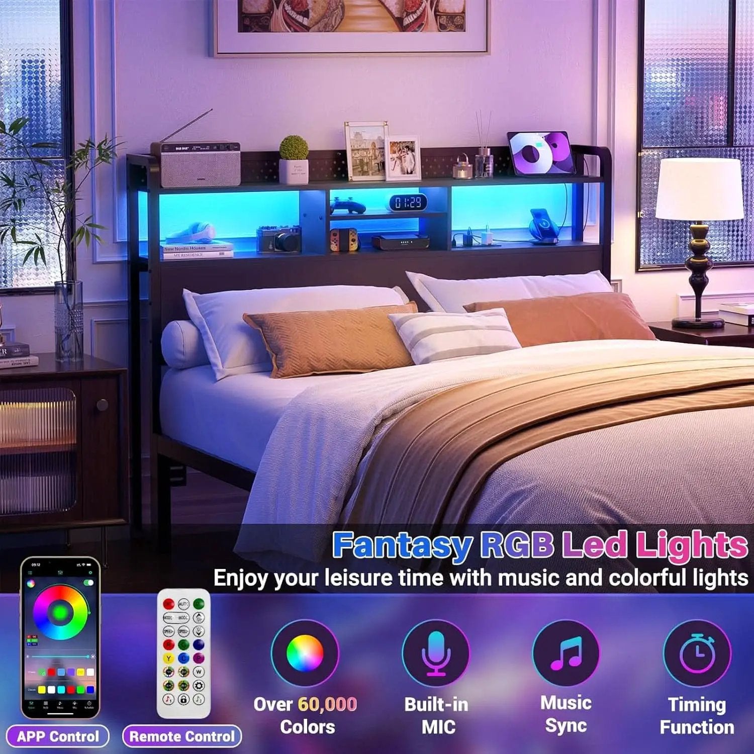 Queen Size Headboard with USB Ports and LED Light from PriceLows™