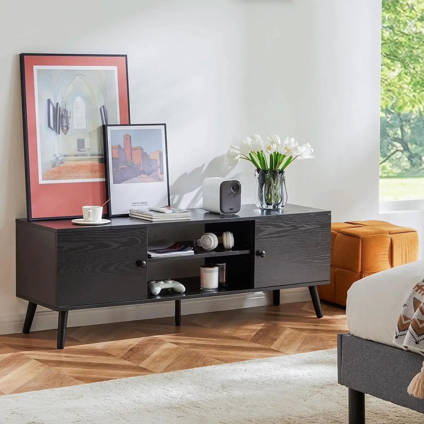 TV Stand For 55-60 Inch TVs Black With Two Cabinets Storage from PriceLows™