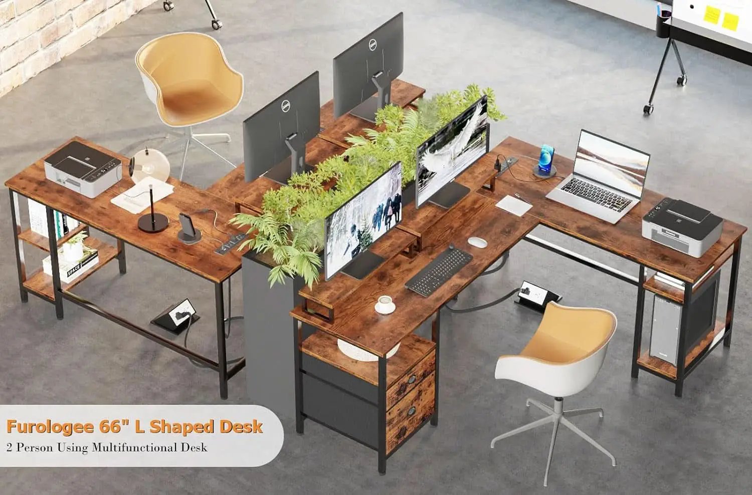 66 Inch Rustic Brown L Shaped Desk With Power Outlet from PriceLows™