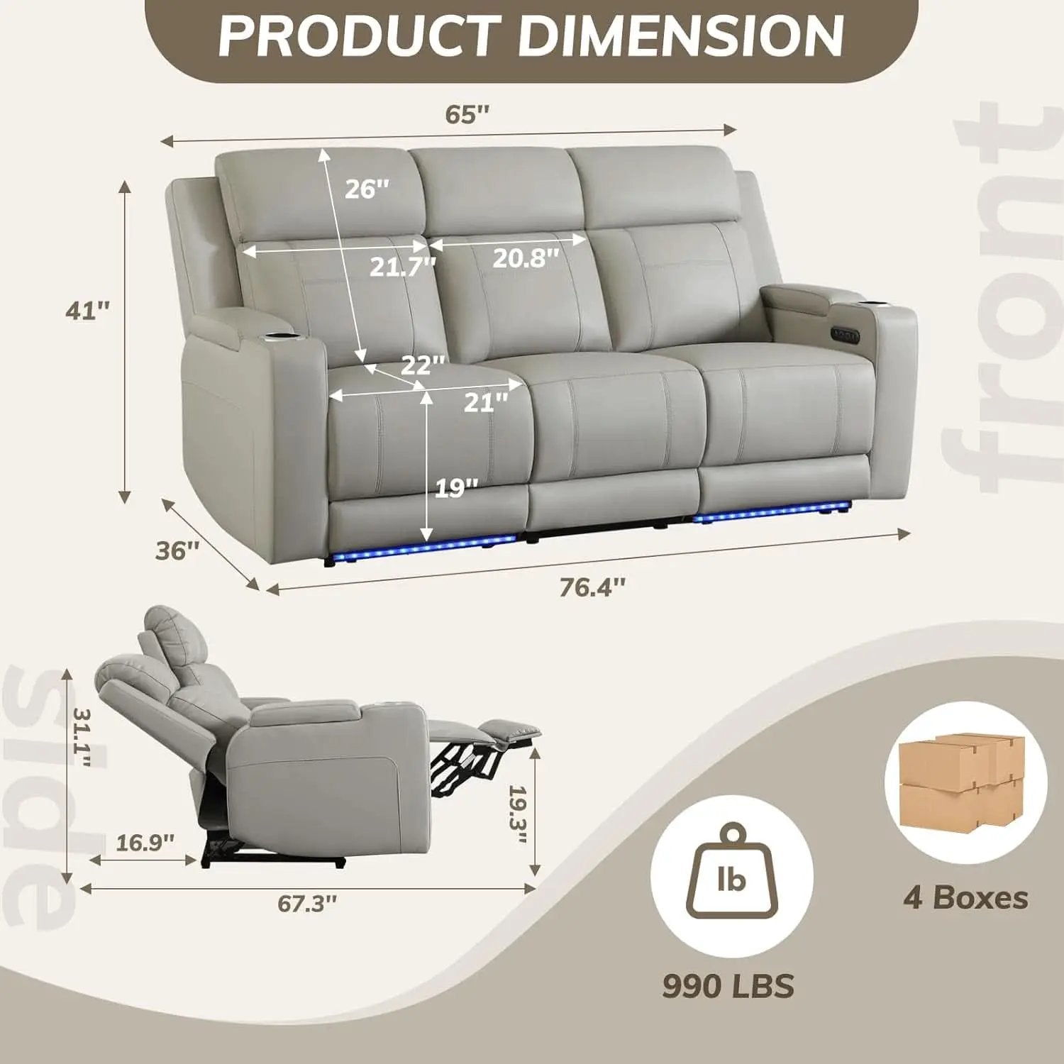 Power Recliner Sofa With Adjustable Headrest USB Charging from PriceLows™