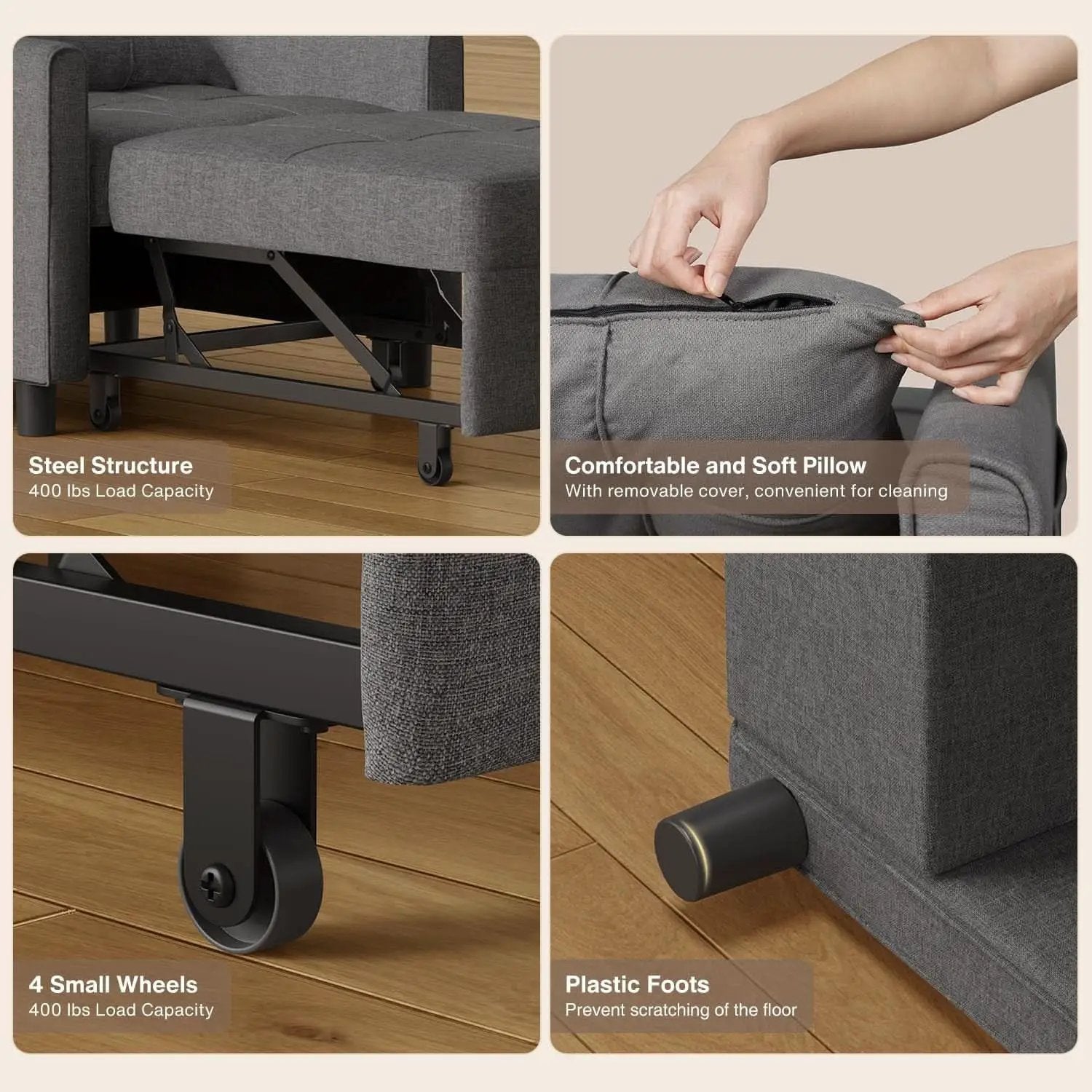 Dark Gray Sleeper Chair Bed Three In One Convertible Modern Linen Fabric Sofa from PriceLows™