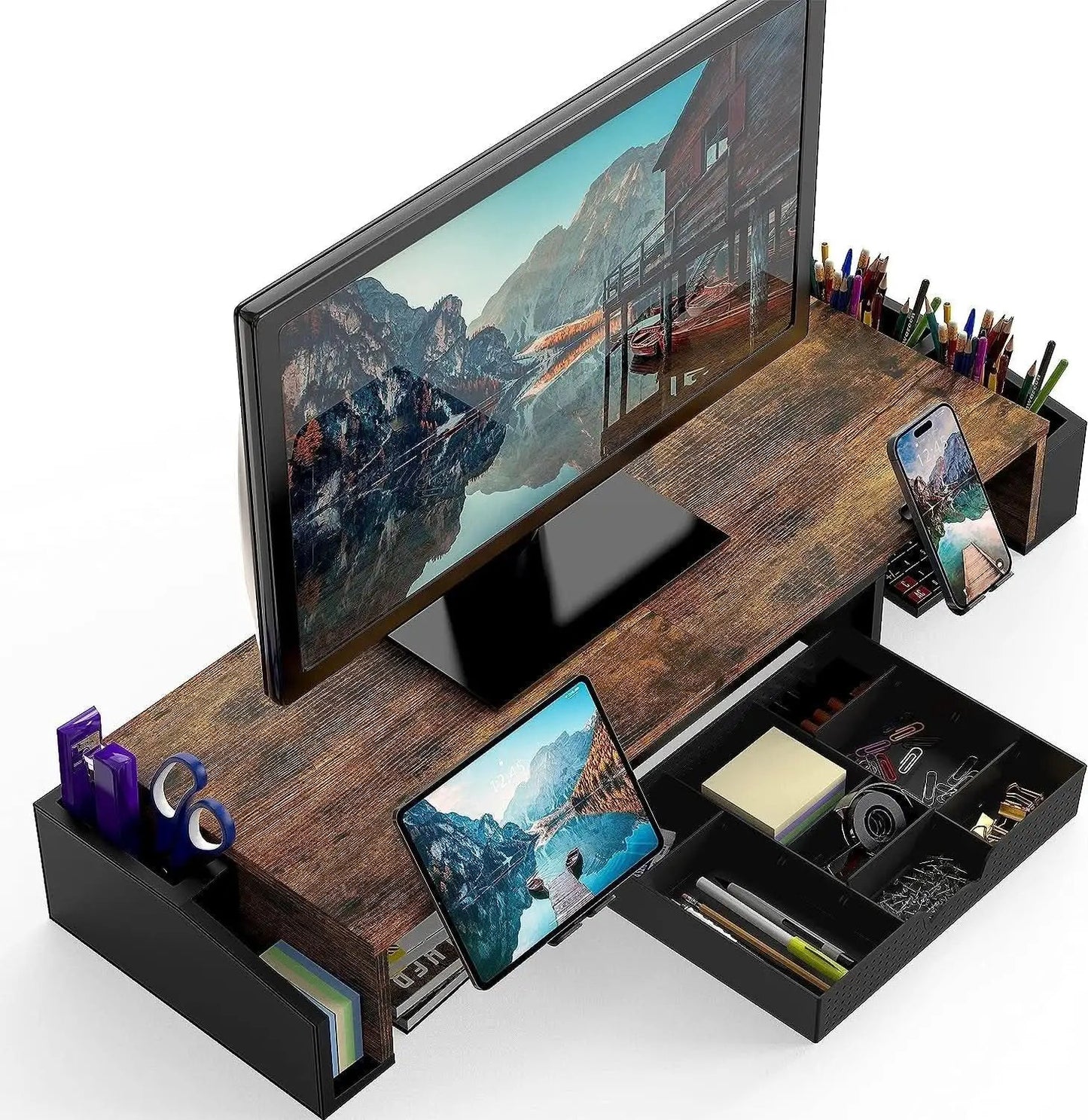 Desk Dual Monitor Stand Riser With Drawer Rustic Brown from PriceLows™