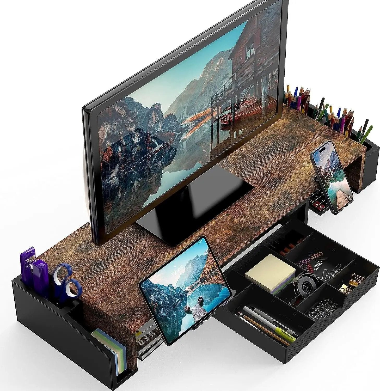 Desk Dual Monitor Stand Riser With Drawer Rustic Brown from PriceLows™