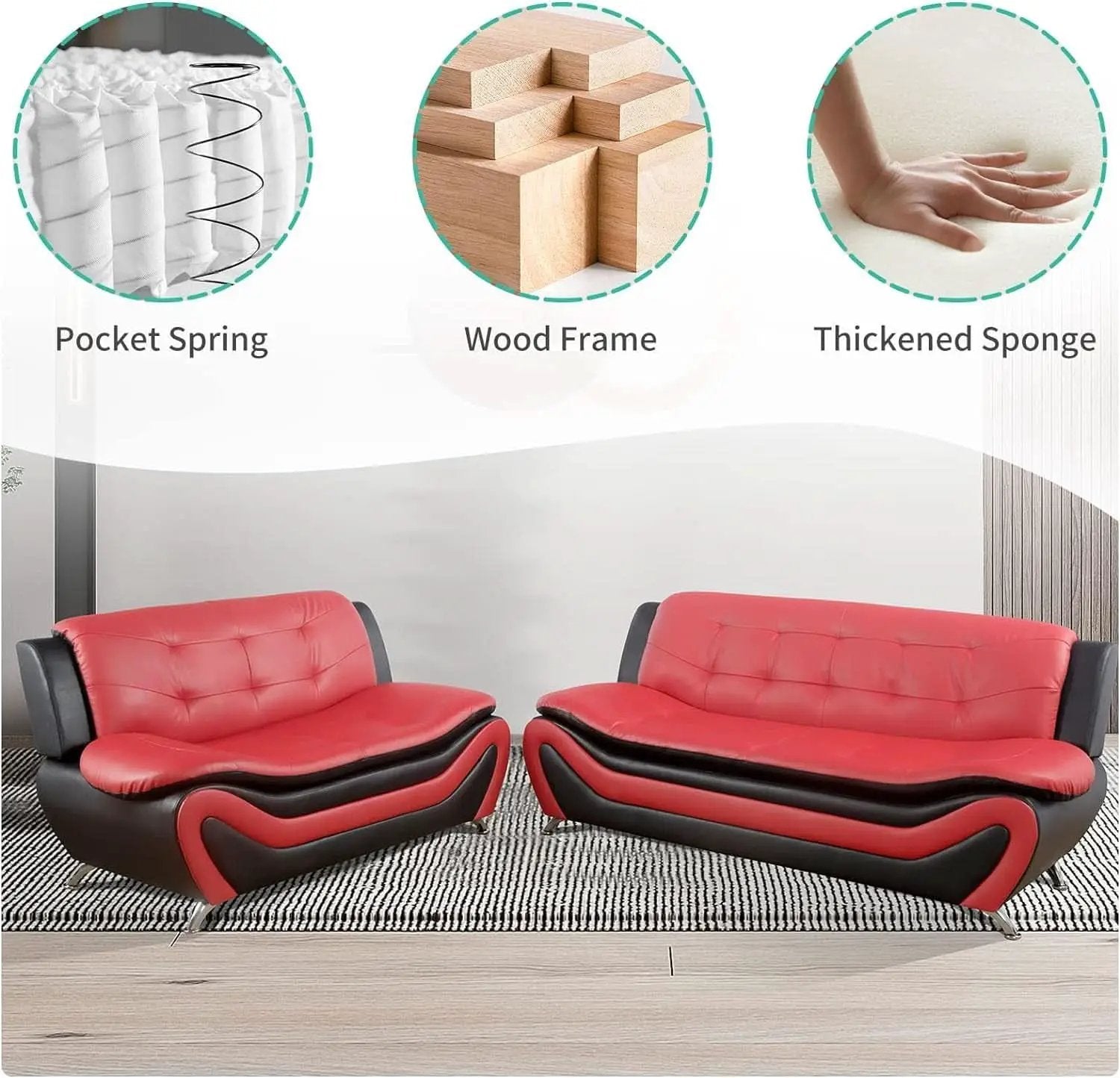 Faux Leather Living Room Sofa Set Red Black Loveseat from PriceLows™