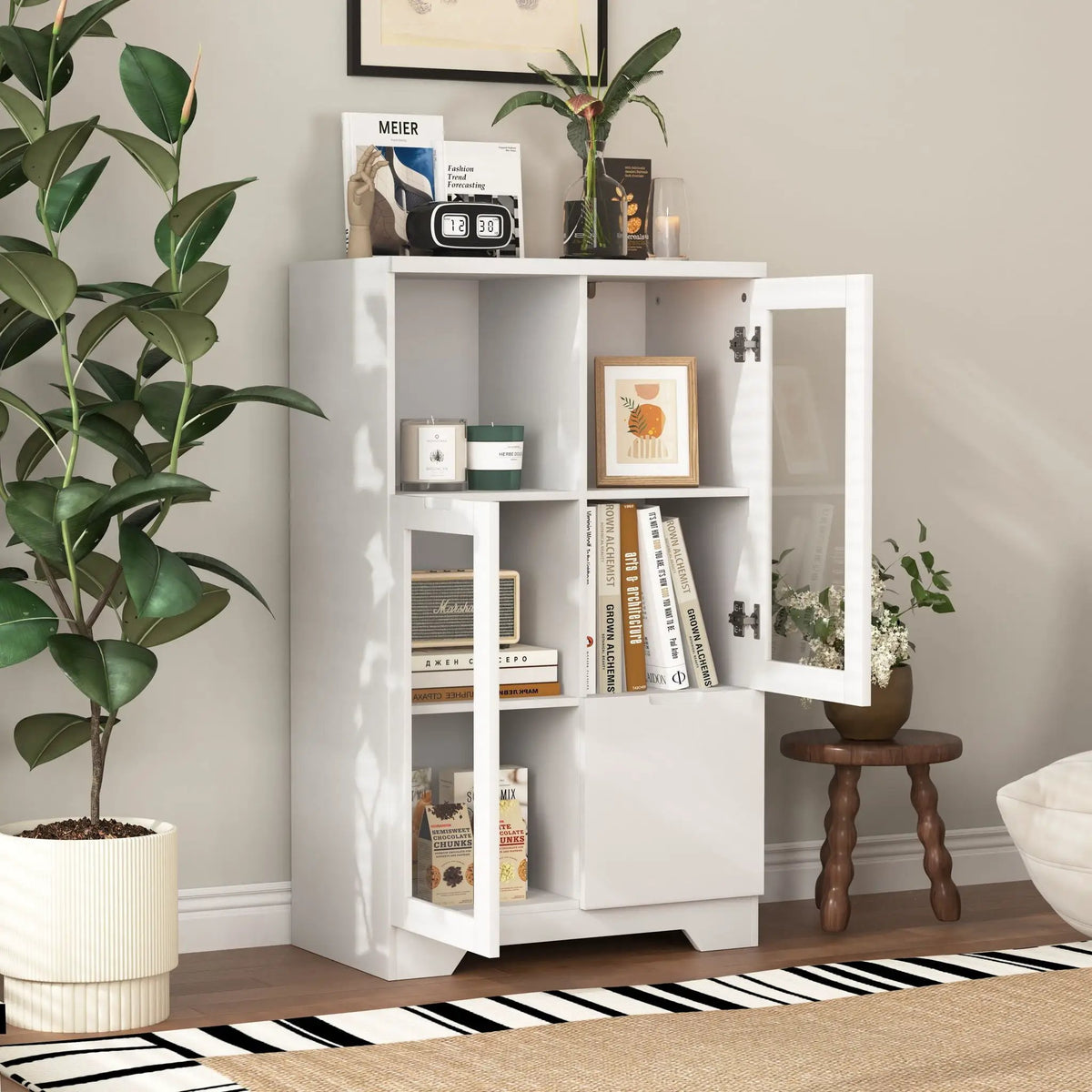 Modern Storage Cabinet | Adjustable Shelves | Double Glass Doors | Gray
