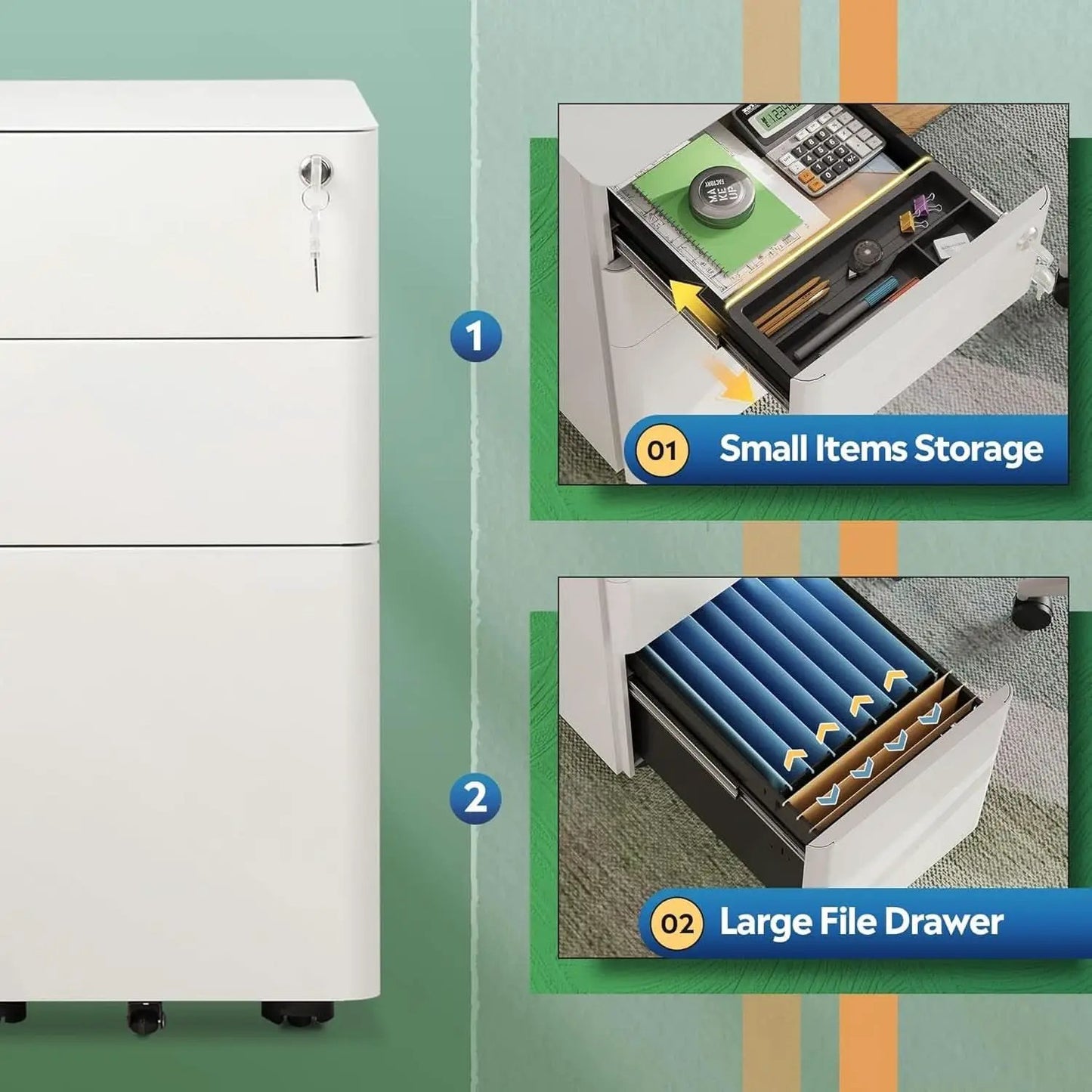 White 3 Drawer Slim File Cabinet For Office Lockable from PriceLows™