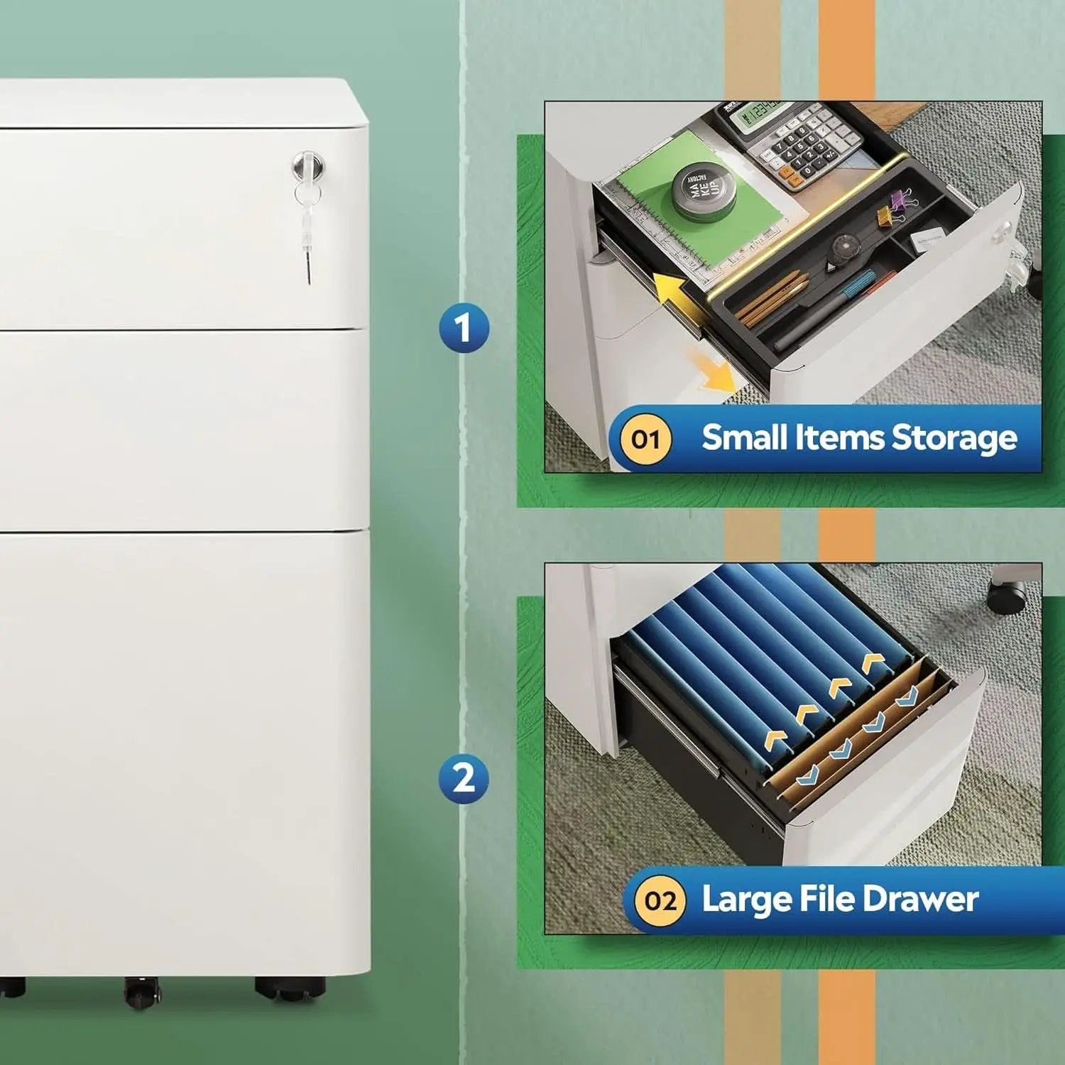 White 3 Drawer Slim File Cabinet For Office Lockable from PriceLows™