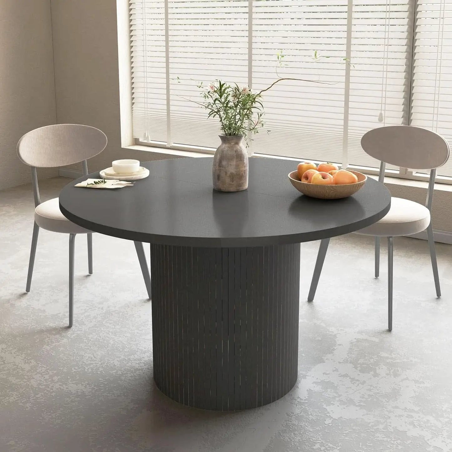 Round Dining Table For 4 47 Inch Black Wood Strip Base Kitchen Table from PriceLows™