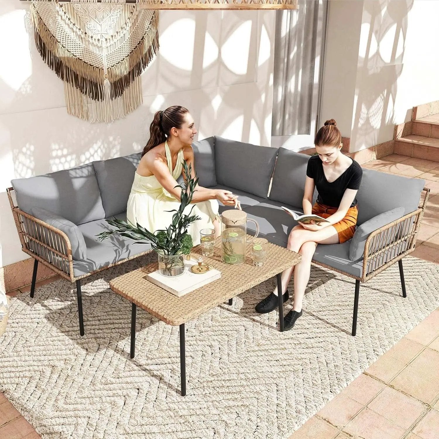 Patio Furniture Set 4 Piece Wicker Outdoor Grey Sectional from PriceLows™