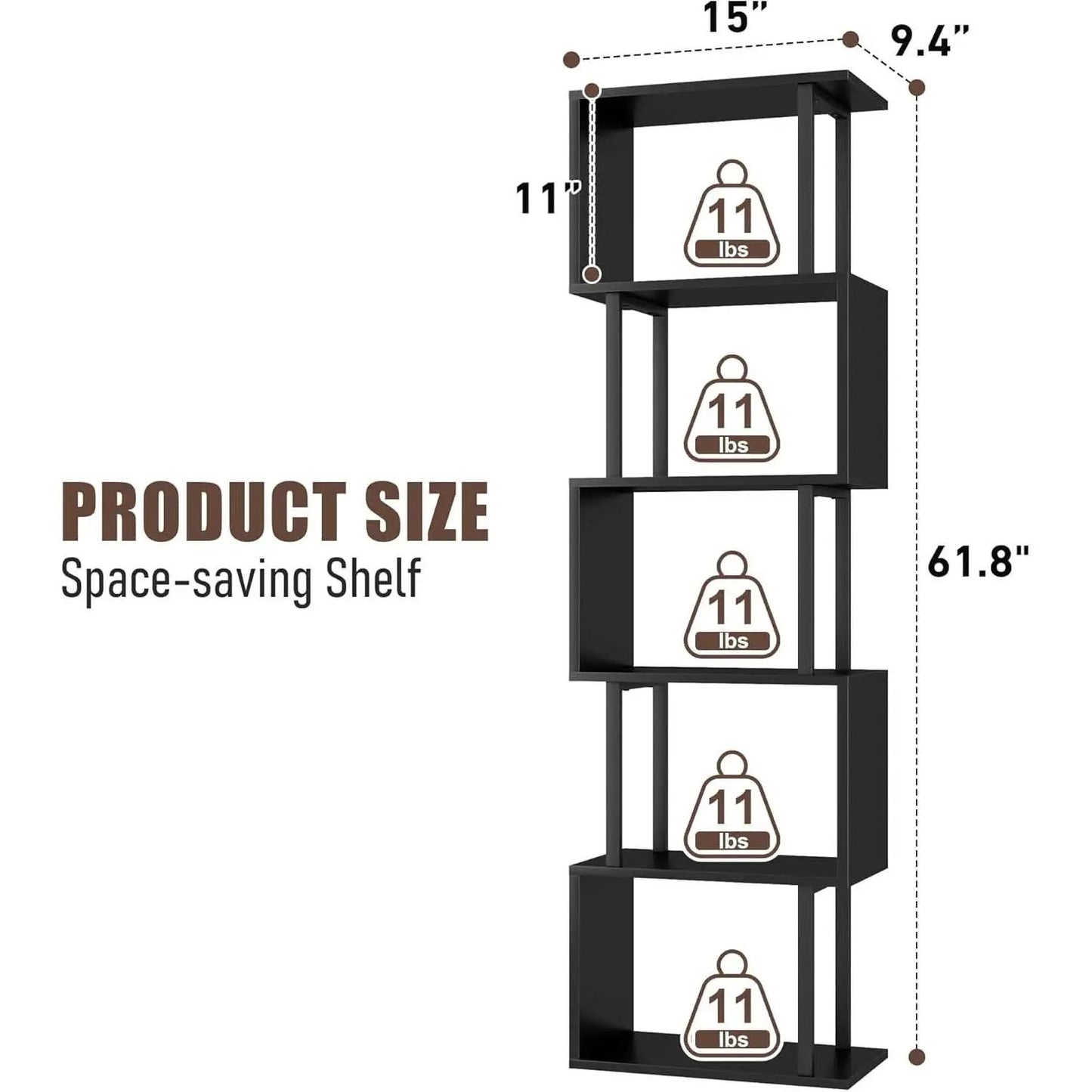 5 Tier S Shaped Bookcase Black Wood And Metal Livingroom from PriceLows™
