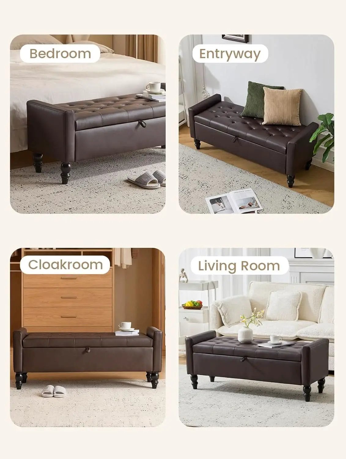 Brown Genuine Leather Storage Ottoman Bench Bedside from PriceLows™