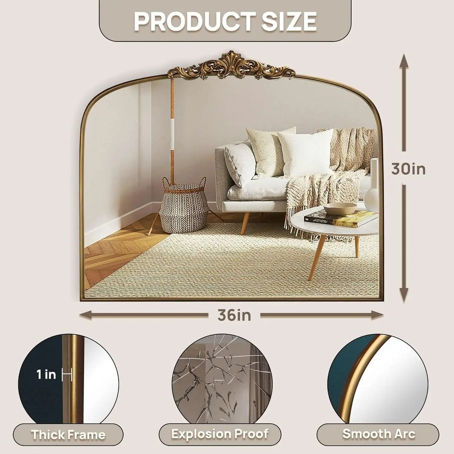 Vintage Gold Mirror 36 By 30 Inch Arched Metal Frame from PriceLows™