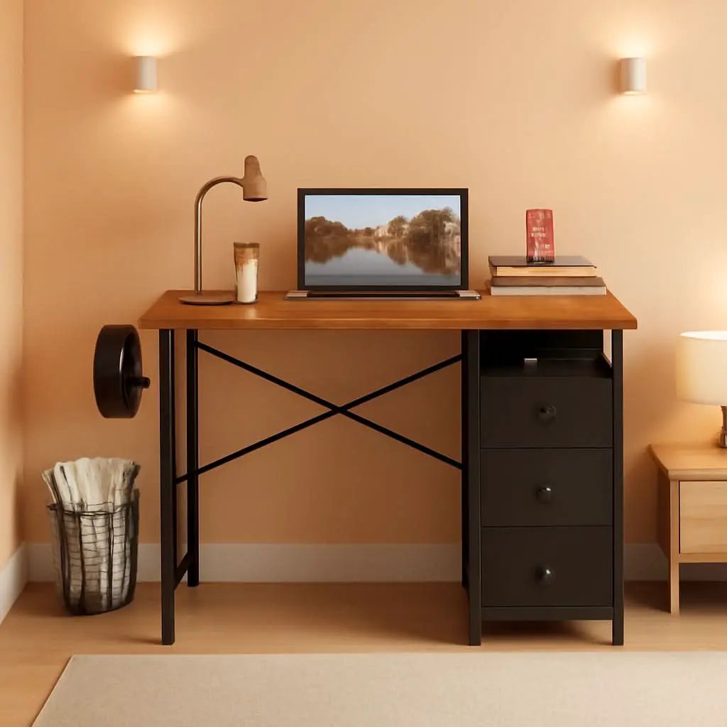Rustic Brown Home Office Computer Desk With Fabric Drawers from PriceLows™