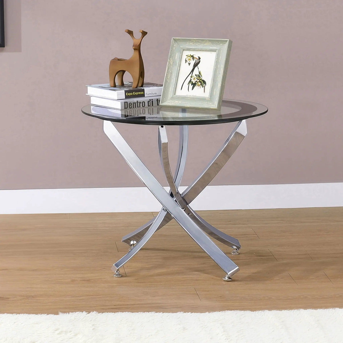 Brooke Round Glass Top Side End Table Metal Base Chrome | 23.5 x 23.5 x 22 in | Tempered Glass & Metal | Living Room