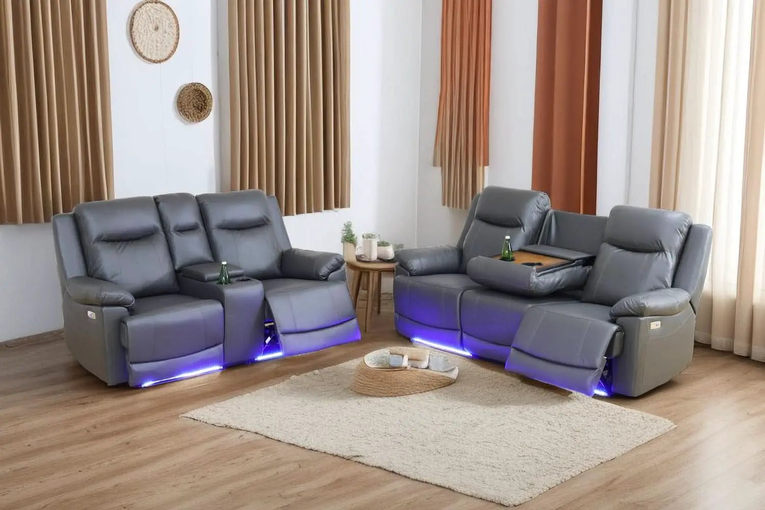 Power Leather Recliner Sofa Set Grey LED Lights Modern from PriceLows™