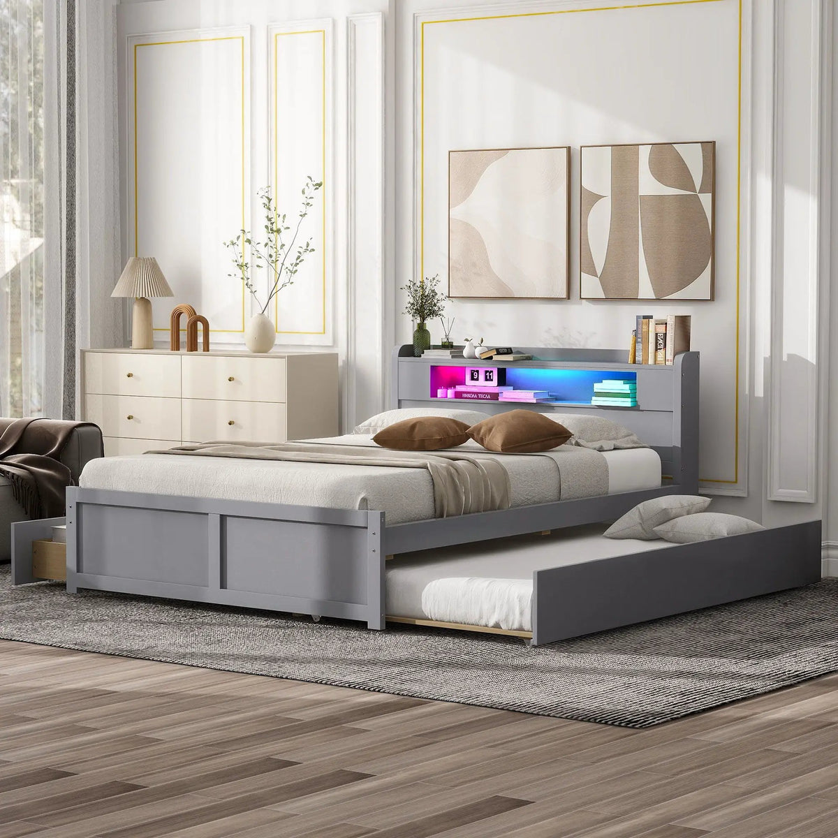 Storage Platform Bed | Color Changing LED Lights | Twin Trundle | 2 Drawers