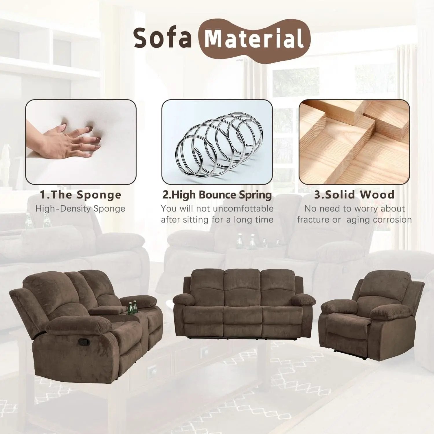 Manual Recliner Sofa Set In Brown Microfiber 3 Piece from PriceLows™