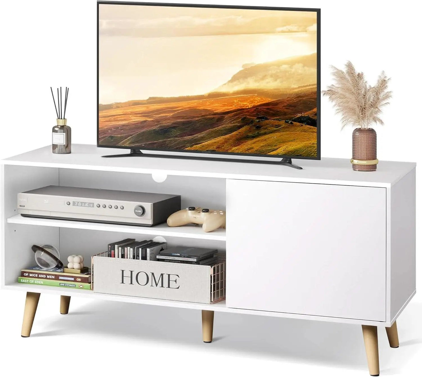 55-Inch TV Stand White Mid-Century Modern Storage Shelves from PriceLows™