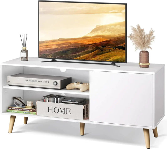 55-Inch TV Stand White Mid-Century Modern Storage Shelves from PriceLows™