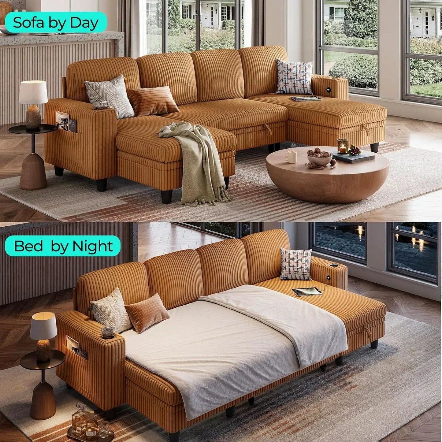 Brown UShaped Convertible Sectional Sofa Bed USBPort from PriceLows™