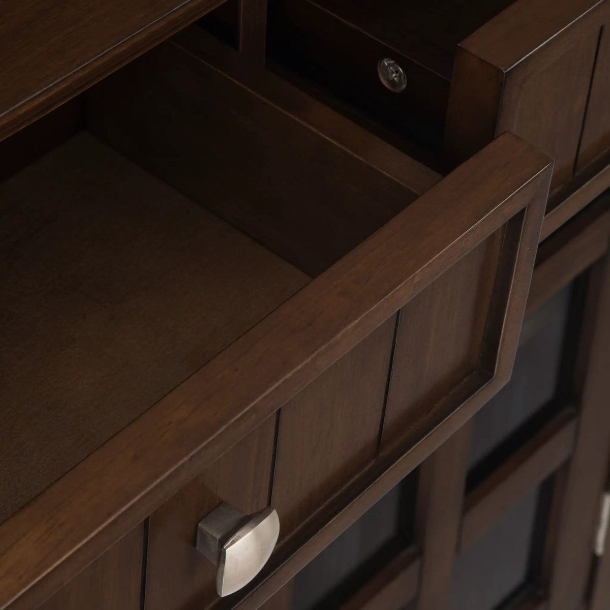 Acadian Entryway Storage Cabinet | Handcrafted Solid Wood | Two Drawers | Tempered Glass Doors