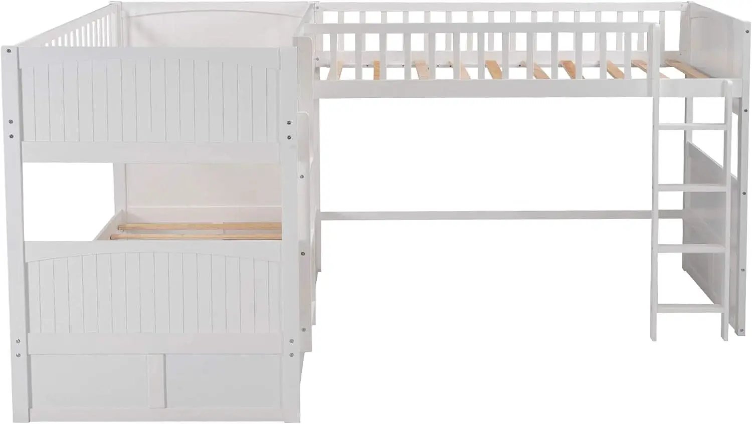 L Shaped Solid Wood Bunk Bed White Twin Over Twin Over Twin With 2 Drawers from PriceLows™