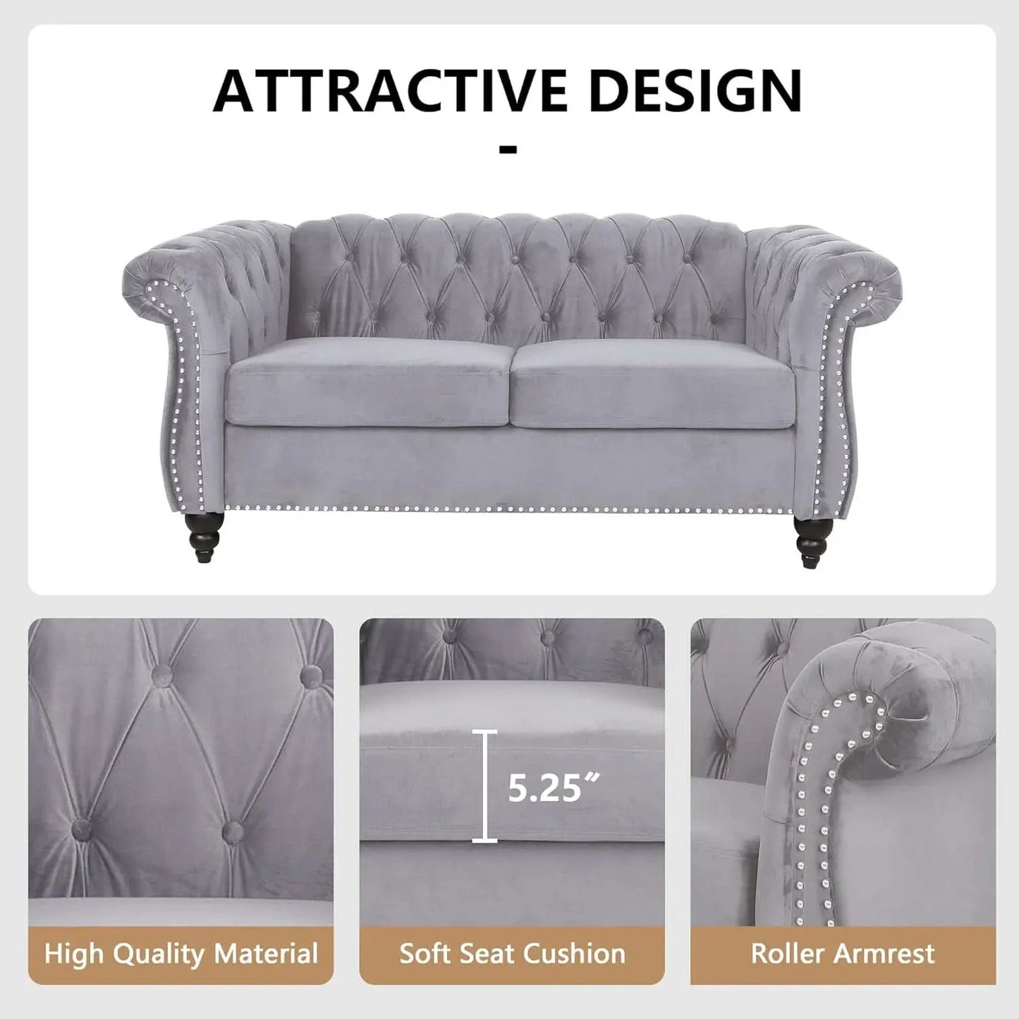 3 Piece Velvet Living Room Set Sectional Chesterfield Sofa Upholstered Loveseat And Chair from PriceLows™