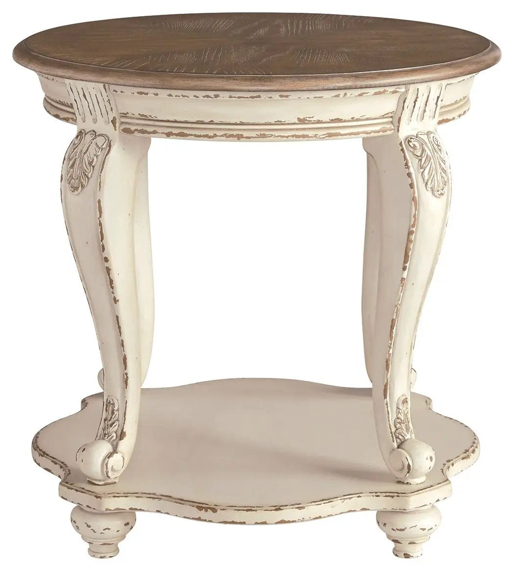 Realyn Round End Table | White And Brown | Antiqued Two-Tone Finish | Ash Veneer