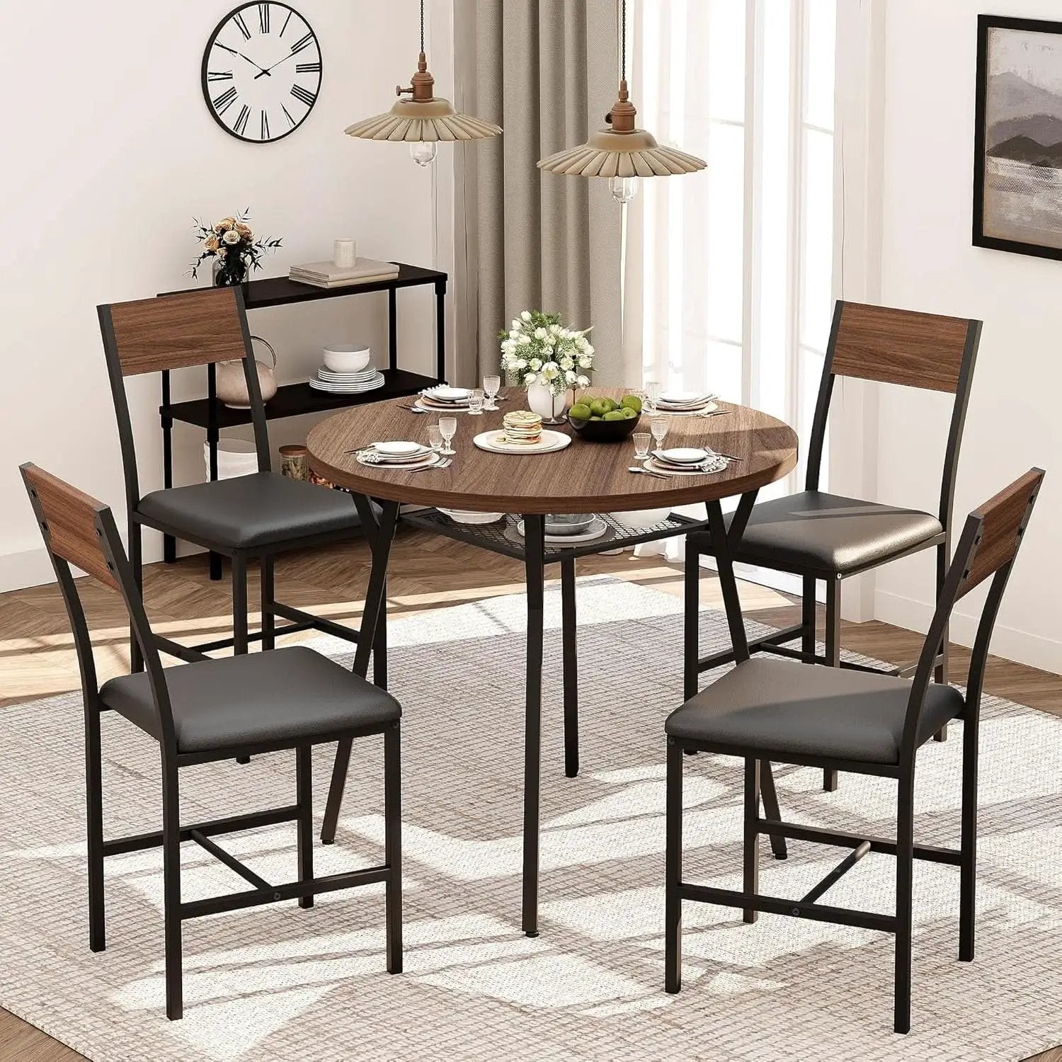 Round Dining Table Set For Four Walnut Wood Finish Metal from PriceLows™