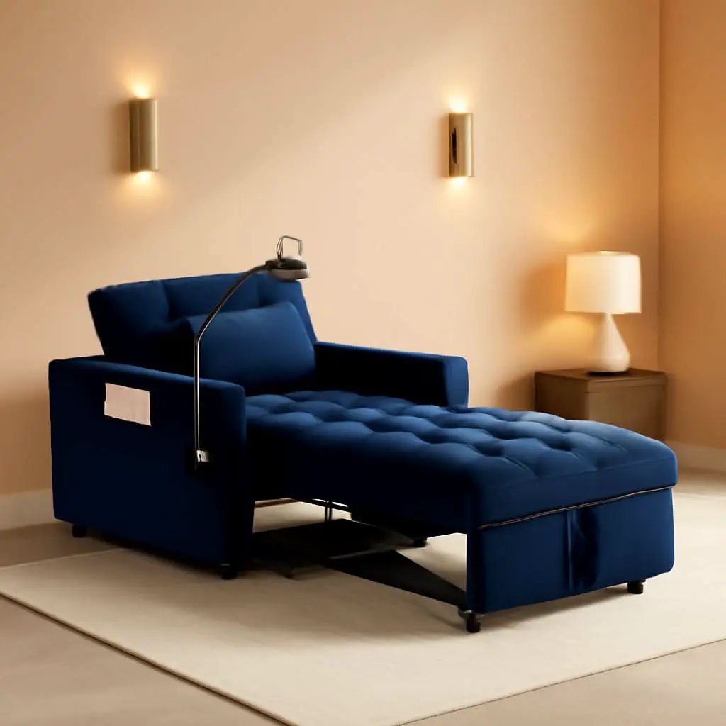 Blue Velvet SpaceSaving Convertible Sofa Chair USB from PriceLows™