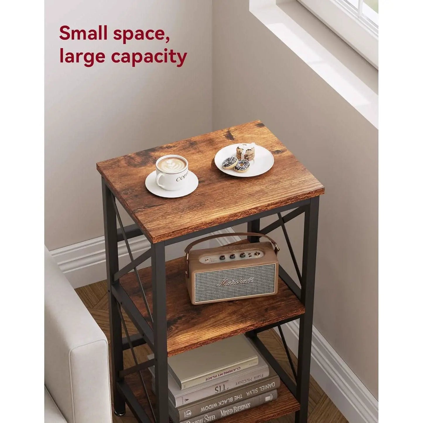 3 Tier Bookcase Industrial Metal Bookshelf With Side Fence in Rustic Brown Living Room Storage Display from PriceLows™