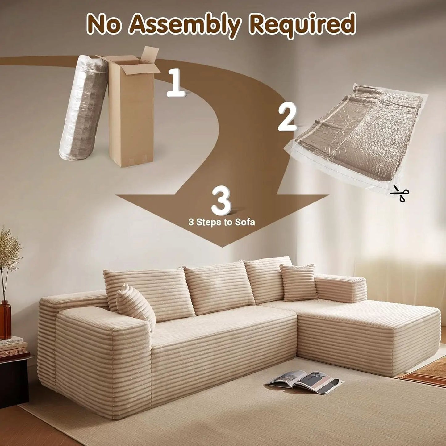 104 Inch Cloud Sectional Sofa Beige No Assembly Required Modern Upholstered Deep Seat Living Room from PriceLows™