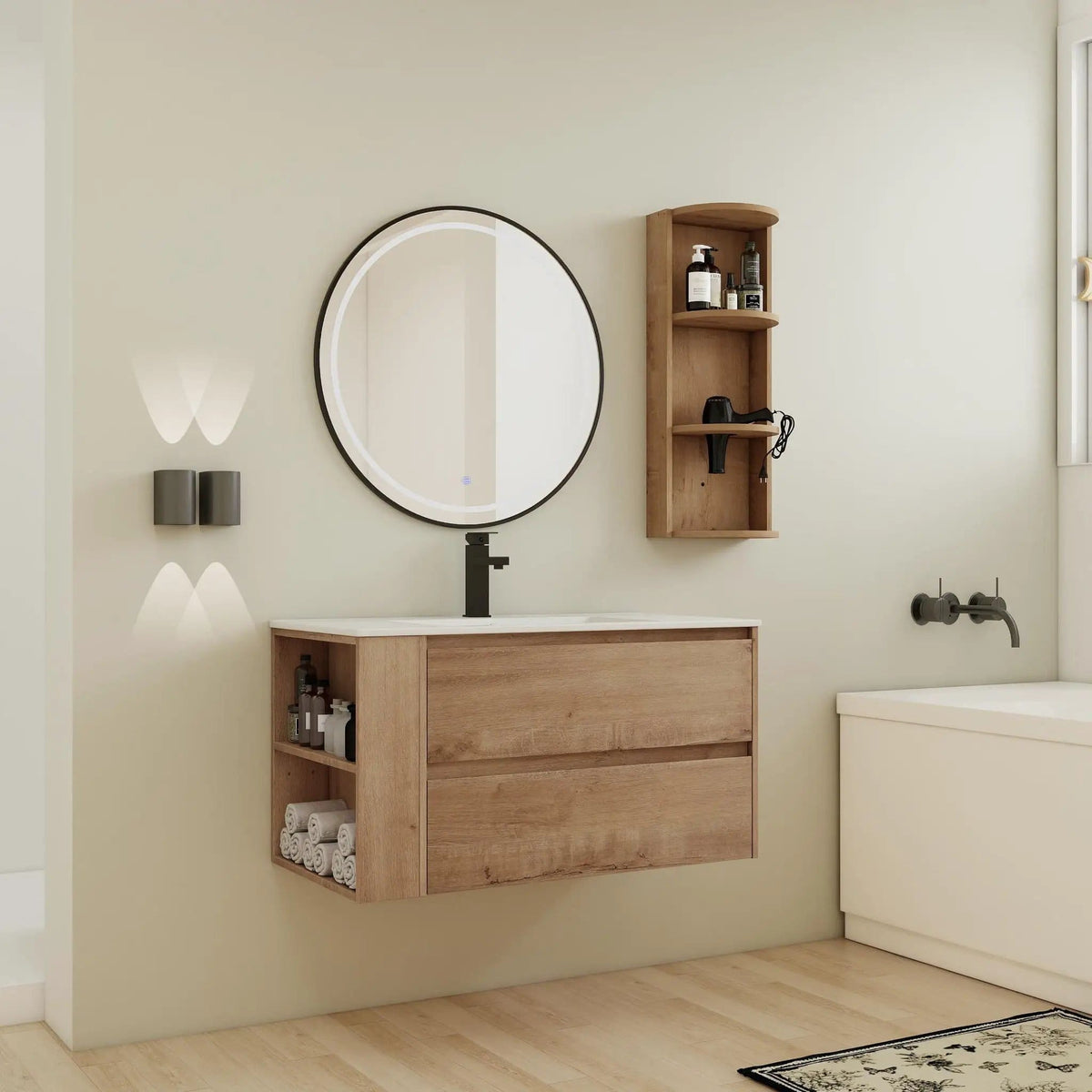 Modern Wall Mounted Bathroom Vanity With Ceramic Sink And Storage Rack, 2 Soft Close | 2 Pieces | Ceramic & Plywood | Bathroom