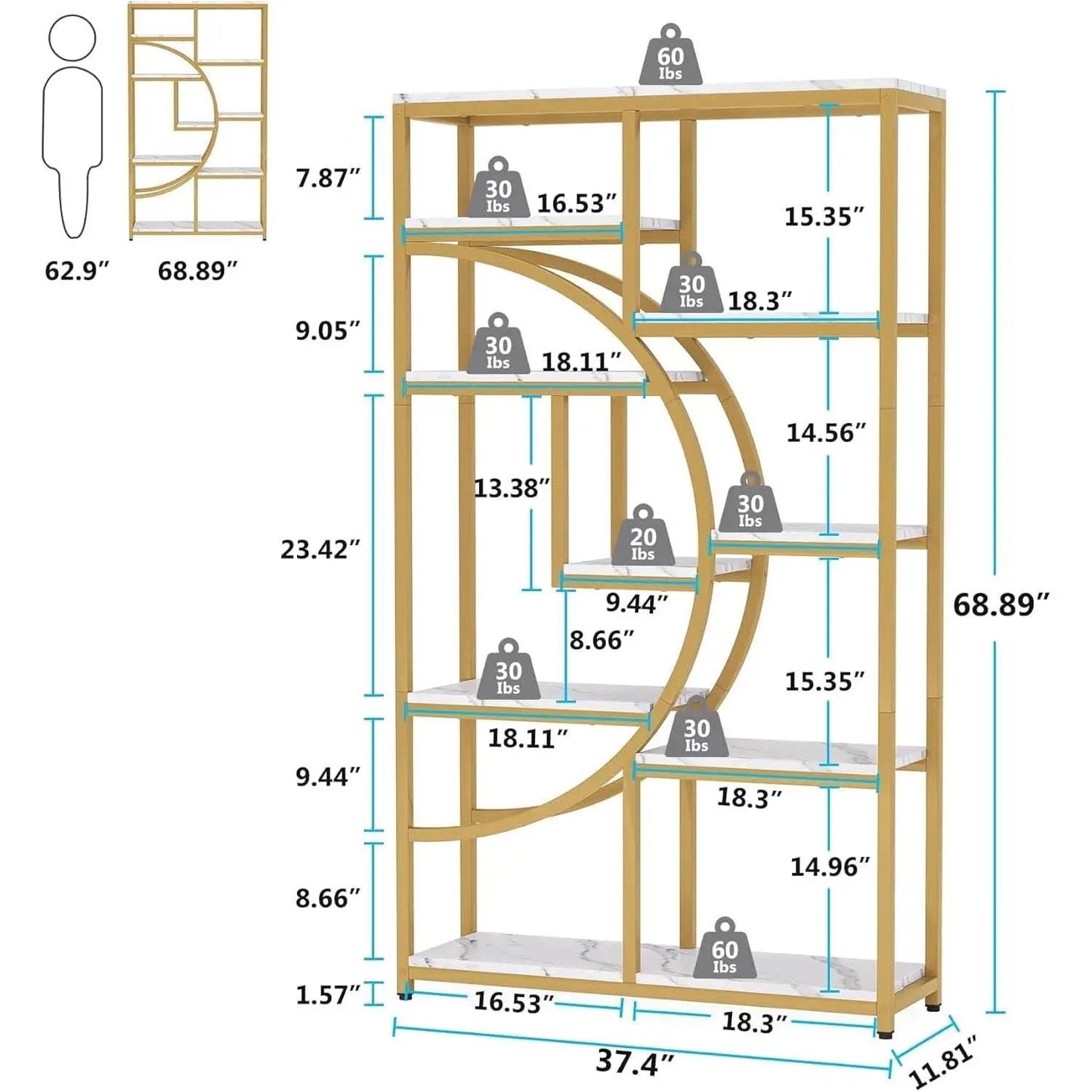 Industrial 5 Tier Etagere Bookcase Gold Frame Shelves from PriceLows™