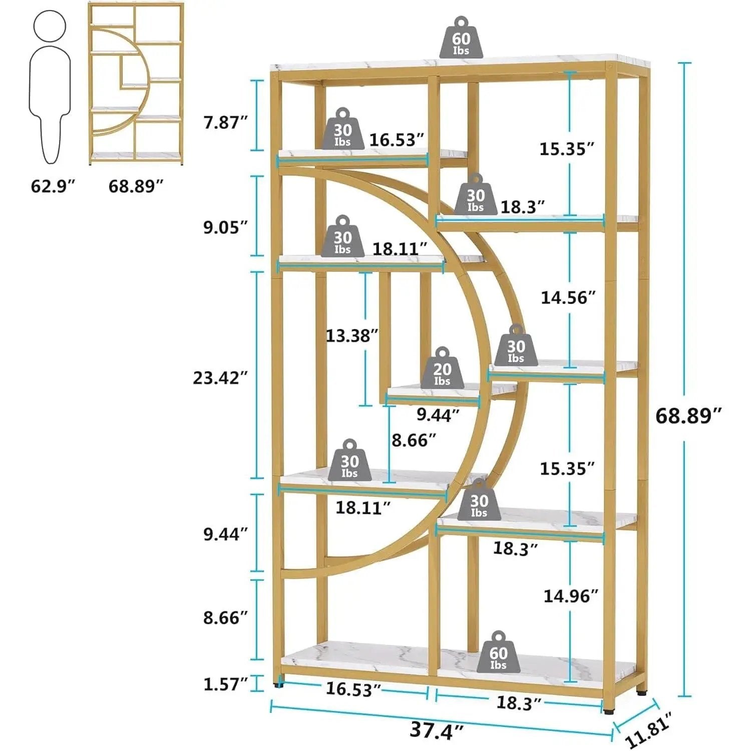 Industrial 5 Tier Etagere Bookcase Gold Frame Shelves from PriceLows™
