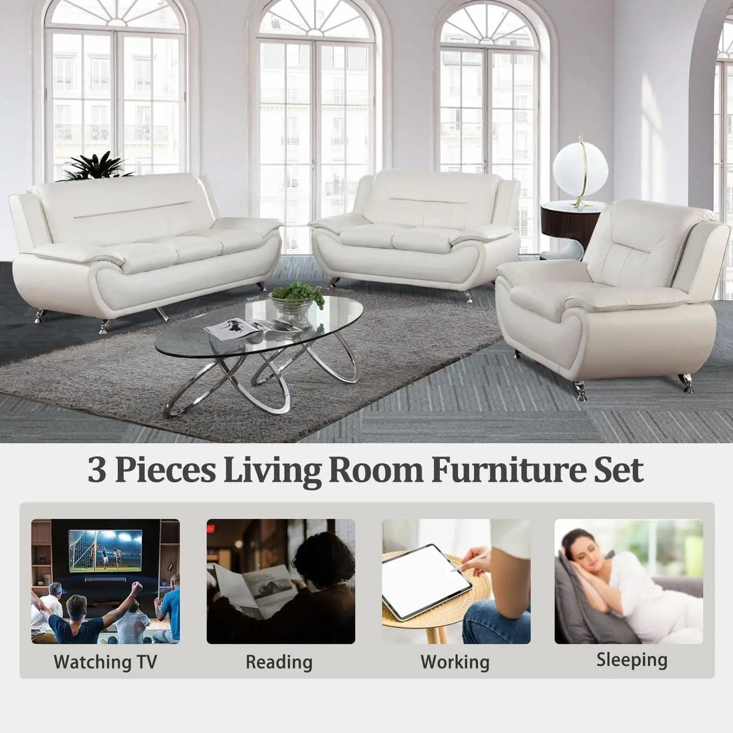 Faux Leather 3 Piece Modern Living Room Sofa Set White from PriceLows™